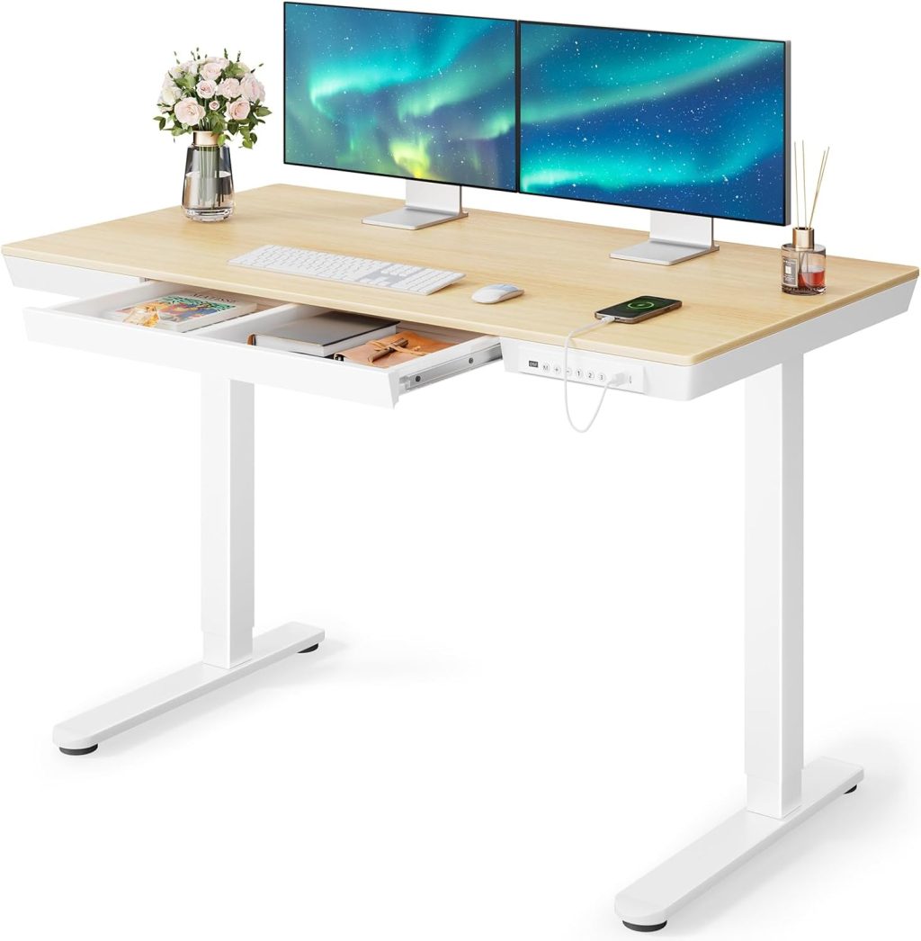 Marsail Electric Solid Standing Desk, 48 x 24 inch Standing Desk with Drawer, Height Adjustable Desk with Tabletop & USB Charging Ports, Sit Stand Desk with Storage for Home & Office Natural Marsail Electric Solid Standing Desk, 48 x 24 inch Standing Desk with Drawer, Height Adjustable Desk with Tabletop & USB Charging Ports, Sit Stand Desk with Storage for Home & Office Natural