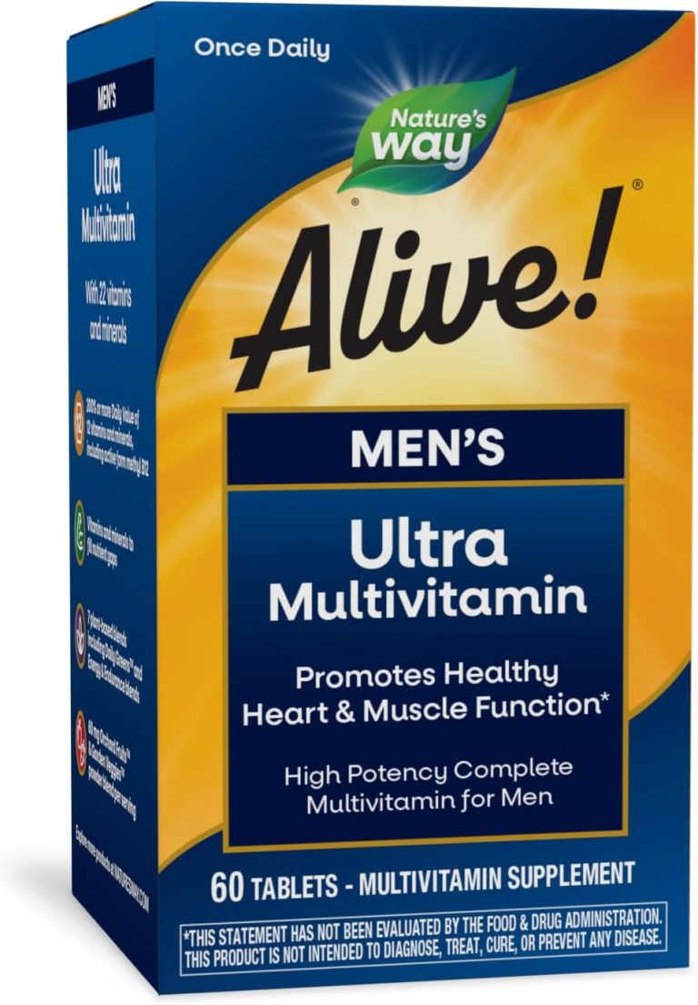 Nature’s Way Alive! Men’s Daily Ultra Multivitamin, High Potency Formula, Promotes Healthy Heart & Muscle Function*, with Methlyated B12, Gluten Free, 60 Tablets (Packaging May Vary)