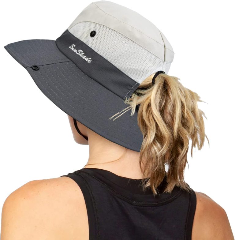 Women’s Outdoor UV-Protection-Foldable Sun-Hats Mesh Wide-Brim Beach Fishing Hat with Ponytail-Hole