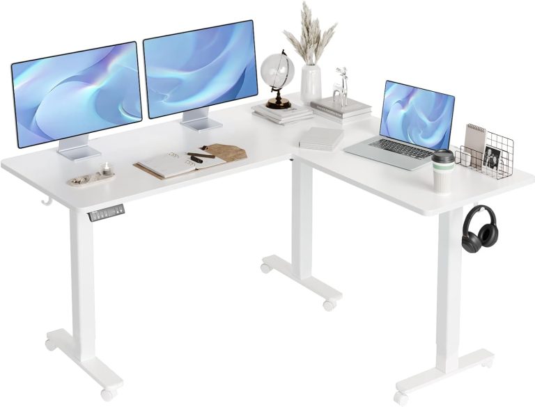 L Shaped Standing Desk Adjustable Height, Dual Motor Electric Corner Standing Desk, 63×55 inch Sit Stand up Desk with Splice Board, White