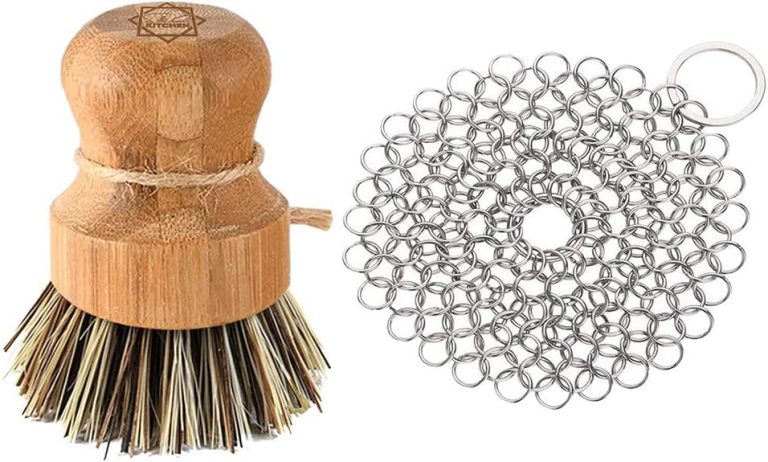 S & C Kitchen – Cast Iron Cleaner with a Bamboo Scrub Brush – 4 by 4-inch Stainless Steel Chainmail – Cleans Pans, Wok, Skillets etc. – Cast Iron Brush Scrubber – 1 PC + Stainless Steel Chainmail