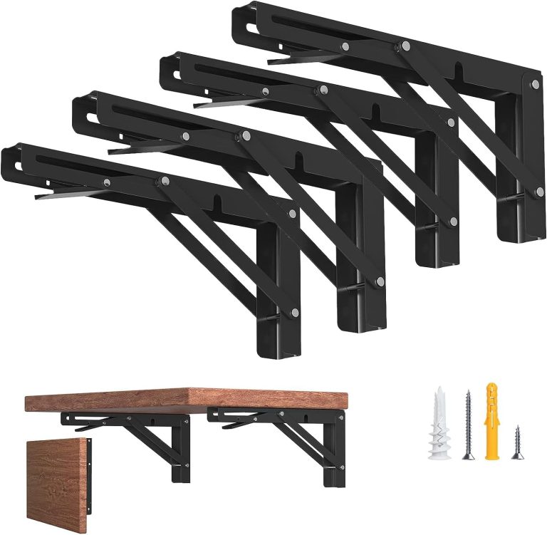 10-Inch Foldable Brackets for DIY Folding Shelves or Tables, L Shelf Brackets Collapsible, Heavy Duty Folding Bracket, Max Load 300lbs, Black, 4 Pcs