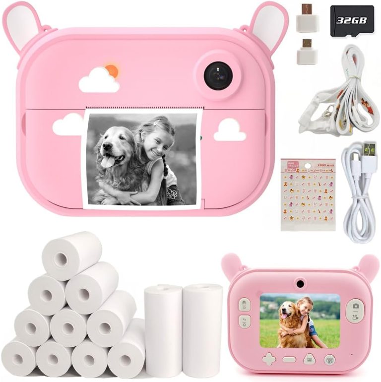 Kids Camera Instant Print Photo Cameras with 12 Rolls Refill Print Paper(Pink 32GB)