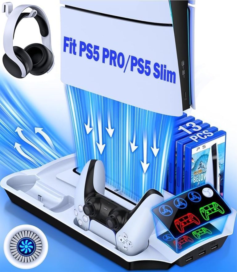 PS5 Slim Stand and Turbo Cooling Station with Controllers Charger Station for Playstation 5, PS5 Pro Console Accessories with 3 Levels Cooling Fan 13-Game Organizer Headset Holder for PS5 Digital/Disc