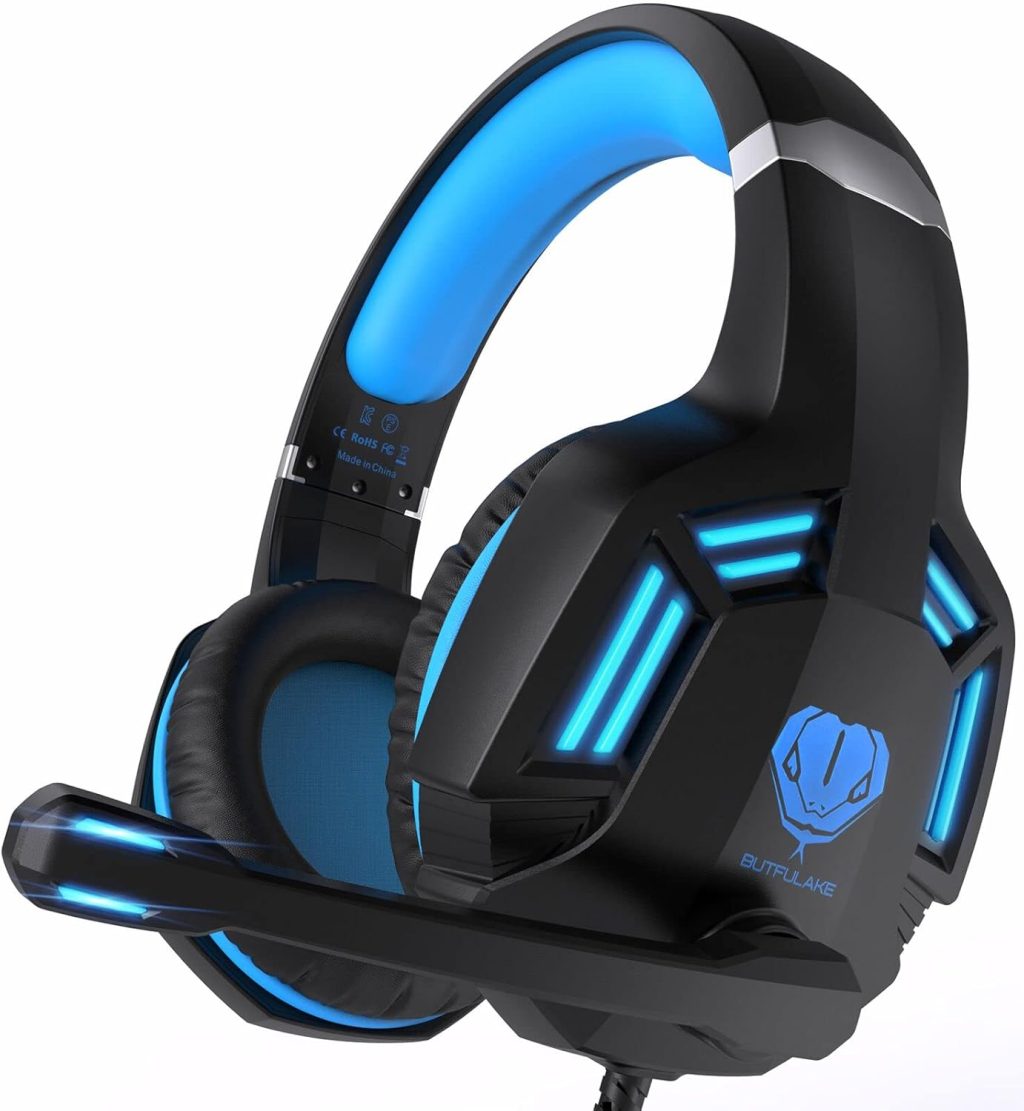 Gaming Headset for PS4, PC, Xbox One, PS5, for Nintendo Switch, Wired Over Ear Headphones with Stereo Surround Sound, Noise-Cancelling Microphone, LED Lights for Kids Adults, Black Blue Gaming Headset for PS4, PC, Xbox One, PS5, for Nintendo Switch, Wired Over Ear Headphones with Stereo Surround Sound, Noise-Cancelling Microphone, LED Lights for Kids Adults, Black Blue