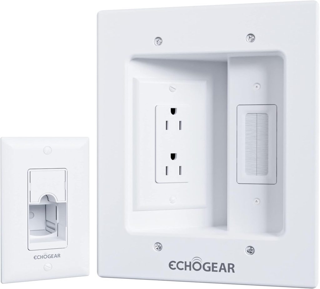 ECHOGEAR TV Cord Hider for Wall Mounted TV – Dual Outlet in Wall Cable Management Kit for Power Cables & Low Voltage Wires – Includes Template, Saw, & Low Profile Extension Cord ECHOGEAR TV Cord Hider for Wall Mounted TV – Dual Outlet in Wall Cable Management Kit for Power Cables & Low Voltage Wires – Includes Template, Saw, & Low Profile Extension Cord