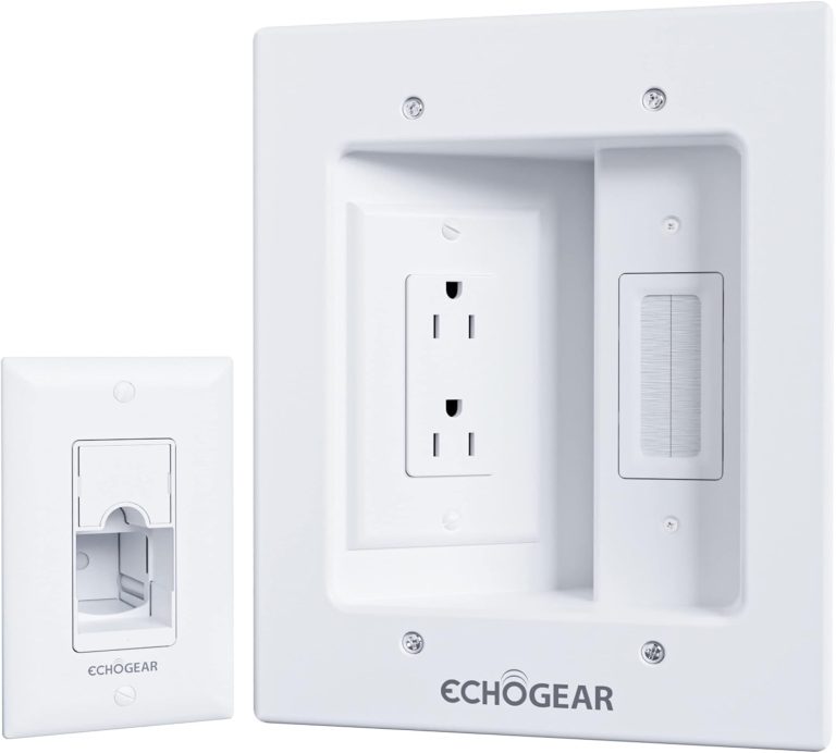 ECHOGEAR TV Cord Hider for Wall Mounted TV – Dual Outlet in Wall Cable Management Kit for Power Cables & Low Voltage Wires – Includes Template, Saw, & Low Profile Extension Cord