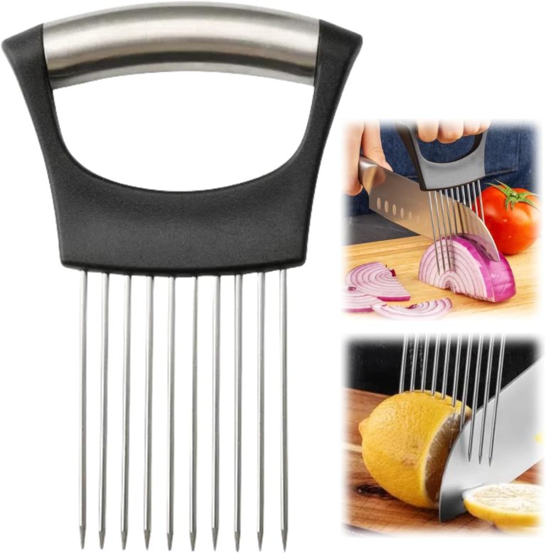 Onion Slice Holder, 2024 New Stainless Steel Onion Holder for Slicing, Chopper Slicing Assistant Tool, Cutter for Slicing of Meat, Onion, Potato, Tomato Kitchen Gadgets (Black, 1 Pack)