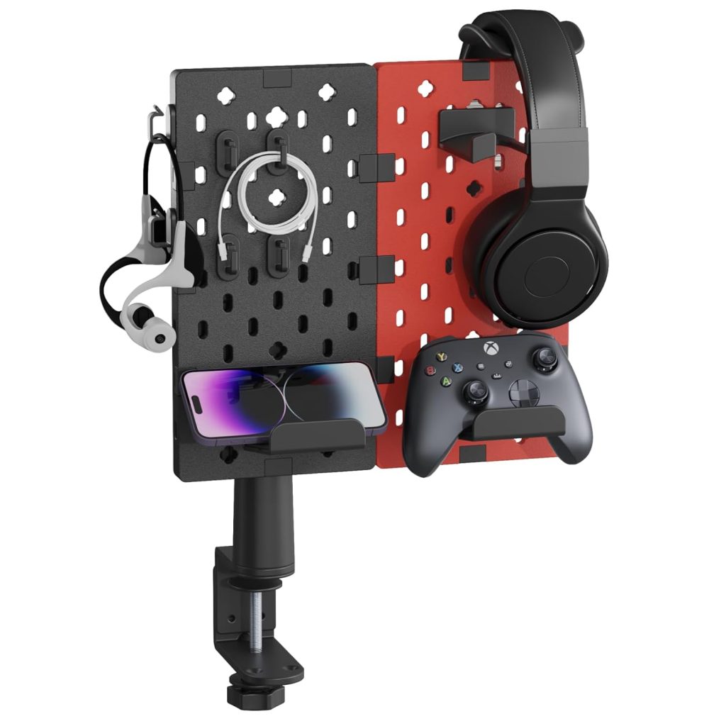 PEGZONE Modular Headphone and Controller Holder for Xbox PS5 PS4 Nintendo Switch, Rotating Gaming Accessories Organizer with Cable Hooks, Clamp-on Desk Pegboard, 2Pcs Pegboard, Red PEGZONE Modular Headphone and Controller Holder for Xbox PS5 PS4 Nintendo Switch, Rotating Gaming Accessories Organizer with Cable Hooks, Clamp-on Desk Pegboard, 2Pcs Pegboard, Red