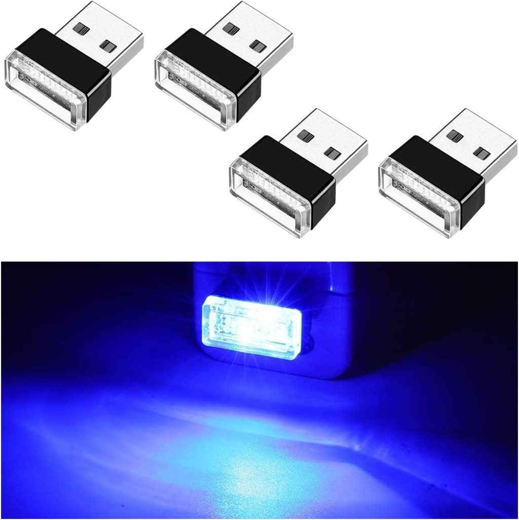 Ziciner 4 PCS USB LED Car Interior Atmosphere Lamp, Portable Mini LED Night Light, Plug-in USB Interface Trunk Ambient Lighting Kit, Universal Car Interior Accessories (Blue) Ziciner 4 PCS USB LED Car Interior Atmosphere Lamp, Portable Mini LED Night Light, Plug-in USB Interface Trunk Ambient Lighting Kit, Universal Car Interior Accessories (Blue)