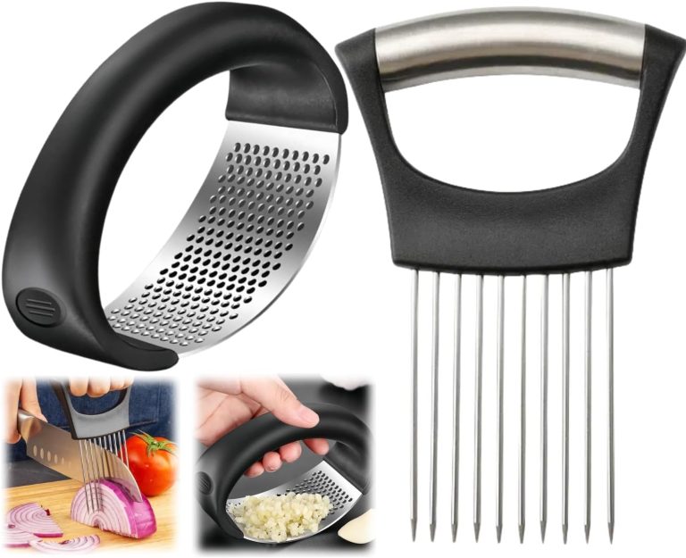 Onion Slice Holder, 2024 New Stainless Steel Onion Holder for Slicing, Chopper Slicing Assistant Tool, Cutter for Slicing of Meat, Onion, Potato, Tomato Kitchen Gadgets (Onion+Garlic Set, 2 Pack)