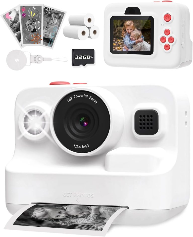 Kids Camera Instant Print, 1080P Kids Digital Camera with Printer Paper, Christmas Birthday Gift for Girls Boys Age 3-12, Kids Print Camera Toy for 4 5 6 7 8 Year Old Boy, 32G SD Card White