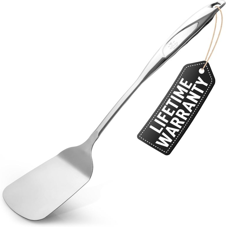 Zulay Kitchen Premium Stainless Steel Metal Spatula – Cooking Spoon Turner – Durable Cooking Utensil with Ergonomic, Easy to Use Handle – Easy to Clean, Perfect for at Home Cooks & Chefs – 15”