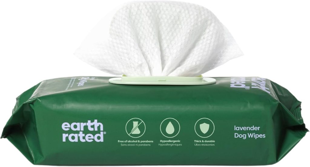 Earth Rated Hypoallergenic Dog Wipes, Cleaning and Odor-Controlling Grooming Wipes for Paws, Body, and Butt, Perfect for Puppy and Adult Dogs, Lavender Scent, 100 Count Earth Rated Hypoallergenic Dog Wipes, Cleaning and Odor-Controlling Grooming Wipes for Paws, Body, and Butt, Perfect for Puppy and Adult Dogs, Lavender Scent, 100 Count