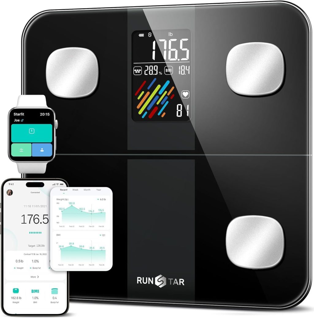 Runstar Smart Scale for Body Weight and Fat Percentage, High Accuracy Digital Bathroom Scale with Large Display for BMI Heart Rate 15 Body Composition Analyzer Sync with Fitness App 400lb Runstar Smart Scale for Body Weight and Fat Percentage, High Accuracy Digital Bathroom Scale with Large Display for BMI Heart Rate 15 Body Composition Analyzer Sync with Fitness App 400lb