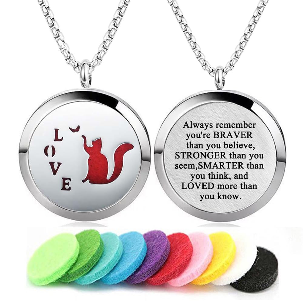 Aromatherapy Essential Oil Diffuser Necklace Stainless Steel lnspirational Locket Pendant(Love Cat) Aromatherapy Essential Oil Diffuser Necklace Stainless Steel lnspirational Locket Pendant(Love Cat)