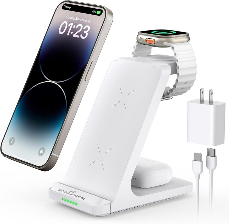 Wireless Charging Station, 3 in 1 Fast Wireless Charger Stand for Multiple Devices Apple Watch Ultra Series 9 8 7 6 SE 5 4 3 2, iPhone 16 15 14 13 12 11 Pro Max/Plus/Mini/X/XS/Max/XR/SE, Airpods