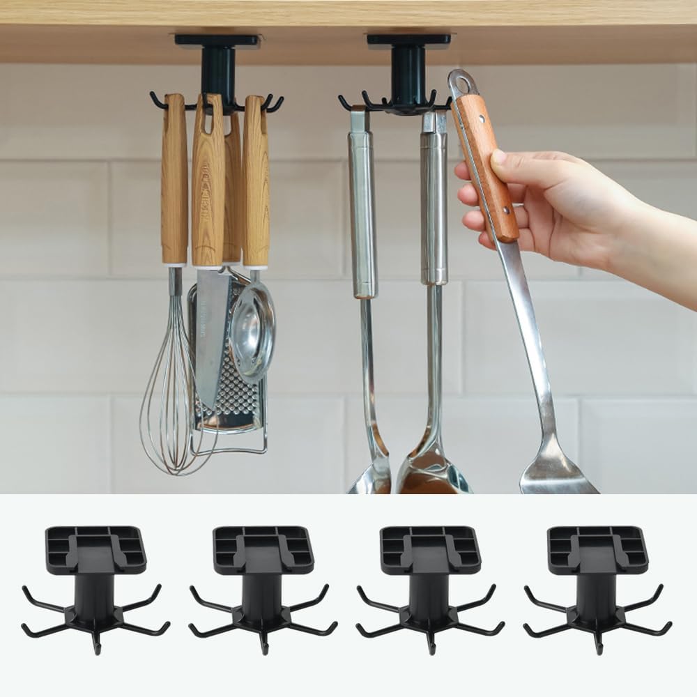 4 PCS Under Cabinet Kitchen Utensil Hooks 360° Rotation Adhesive Nail Free Hanging Rack for Kitchen Utensils, Tools, Towel, Knife (Black)
