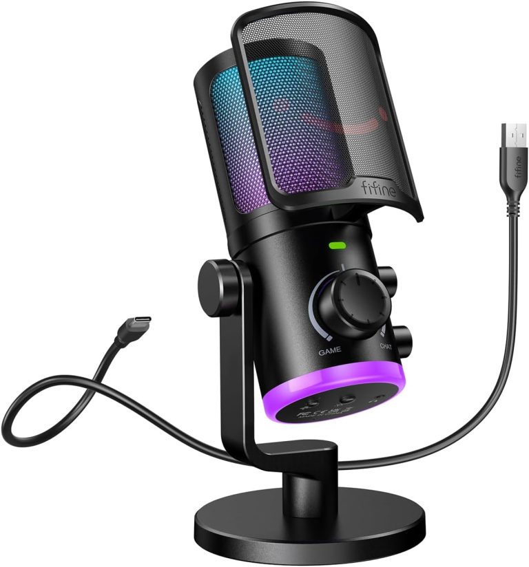 FIFINE Gaming PC Microphone, USB Streaming Microphone with Game Chat Balance, Computer Condenser Desktop RGB Mic with Mute Button, Noise Cancellation for Podcast/Twitch/Discord-AMPLIGAME AM6