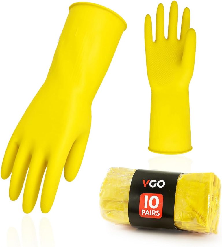 Vgo… 10-Pairs Reusable Household Gloves, Rubber Dishwashing gloves, Extra Thickness, Long Sleeves, Kitchen Cleaning, Working, Painting, Gardening, Pet Care (Size M, Yellow, HH4601)