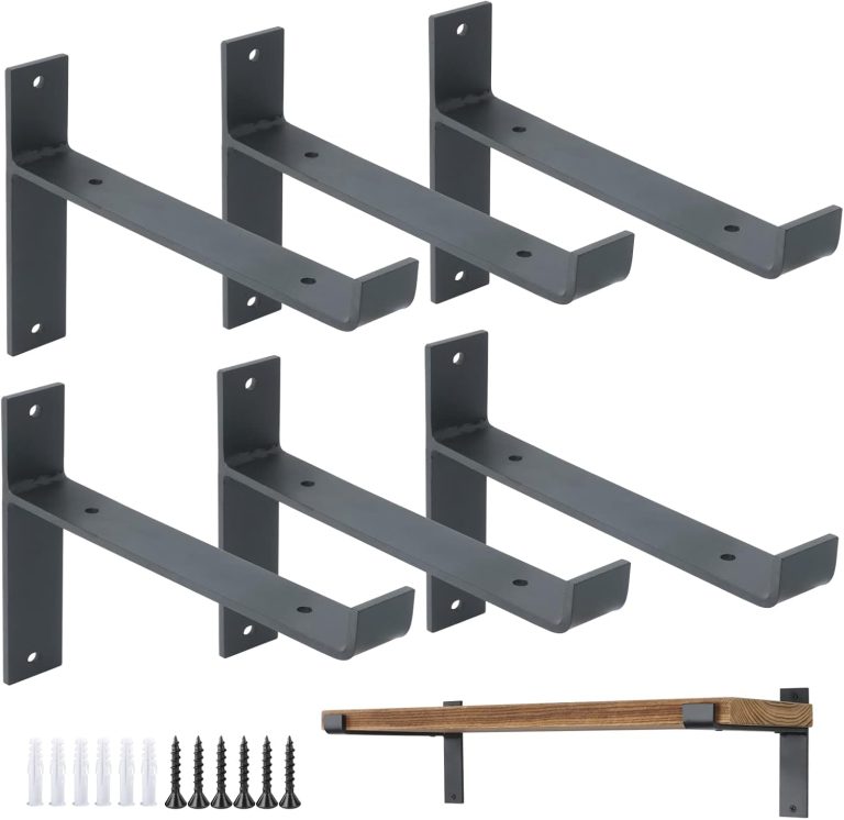 Shelf Brackets 6 Pack, Heavy Duty Floating T Shelf Brackets with Lip for DIY, Wall Mounted Industrial Metal Shelf Support for Wooden Boards with Screws Black 6pcs 8″