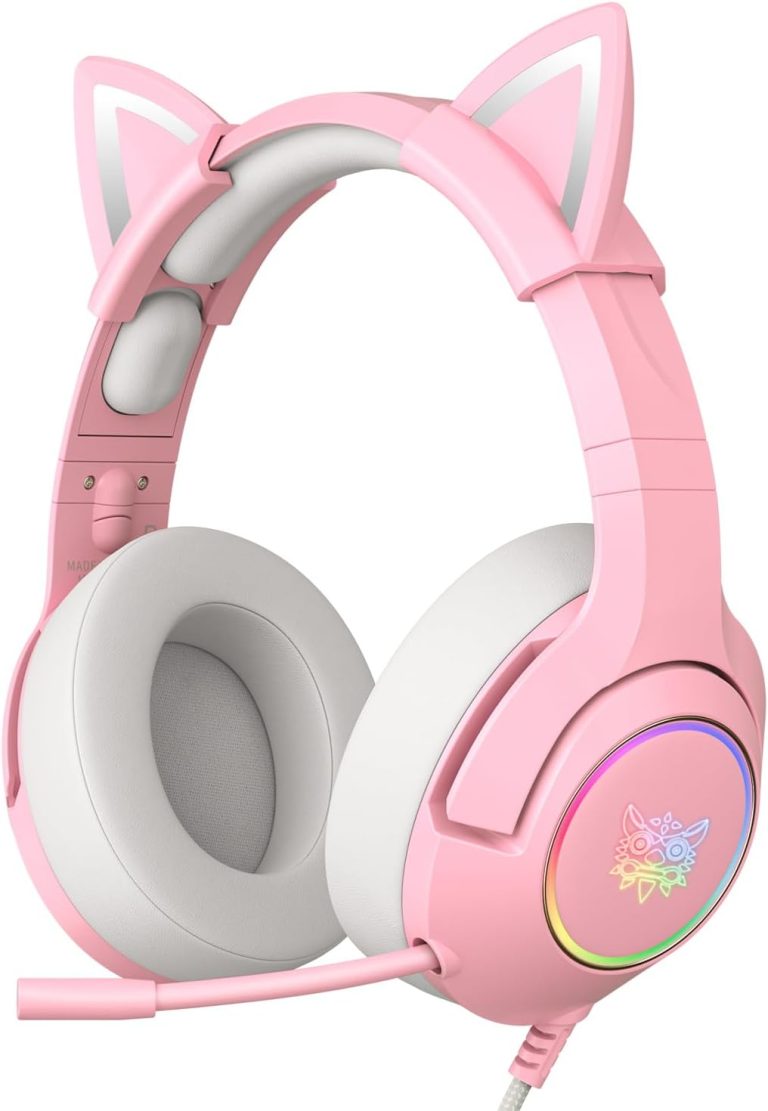 Cat Ear Gaming Cute Headset, Wired Over-Ear Headphones with Noise Cancelling Microphone, Surround Sound, LED Backlight for PS4, PS5, Xbox One(No Adapter), PC, Mobile Phone (Light Pink)