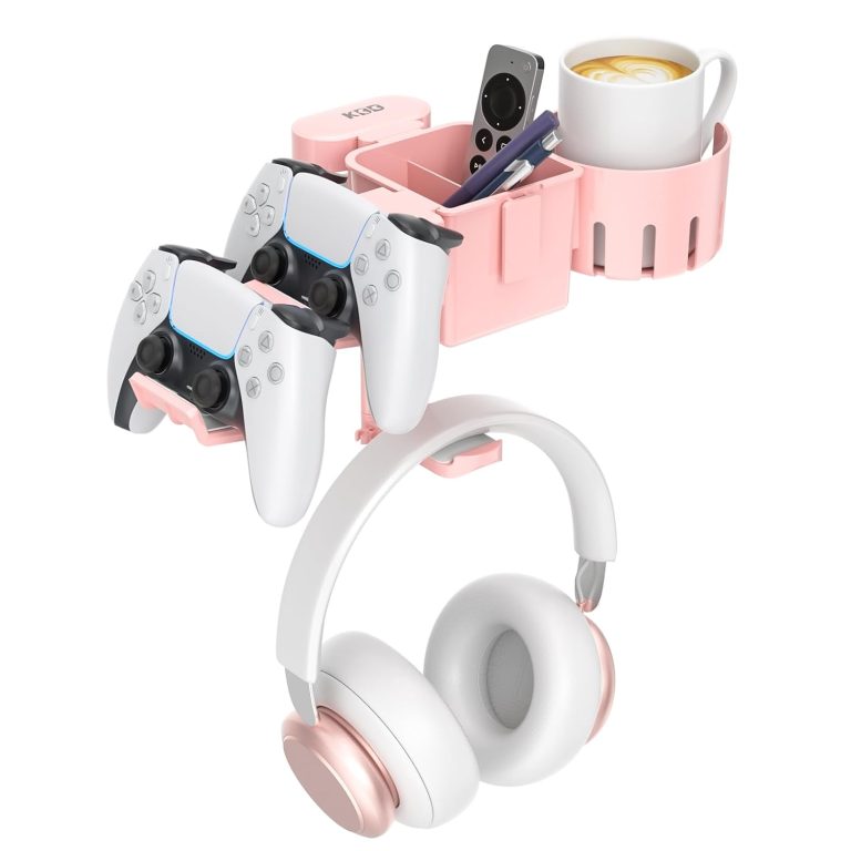 KDD 5 in 1 Desk Controller Holder – Rotating Headphone Hanger with Cup Holder – Clamp On Desk Organizer Holds Controller, Headphone, Cup, Mobile Phone and Pen(Pink)