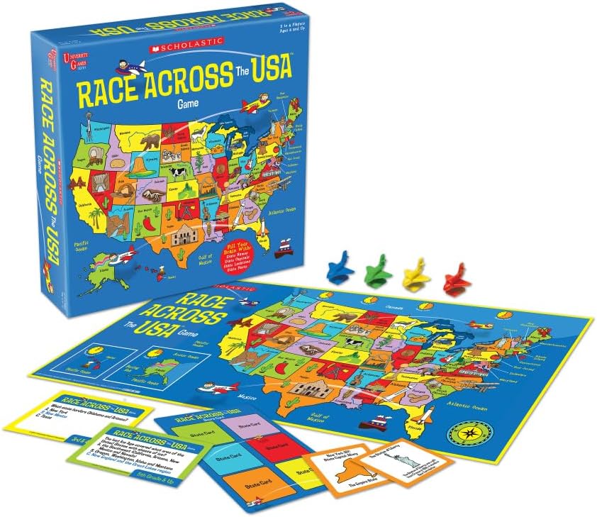 University Games, Scholastic Race Across the USA Board Game , Geography Learning Game for Kids and Families, for 2 to 4 Players Ages 8 and Up University Games, Scholastic Race Across the USA Board Game , Geography Learning Game for Kids and Families, for 2 to 4 Players Ages 8 and Up