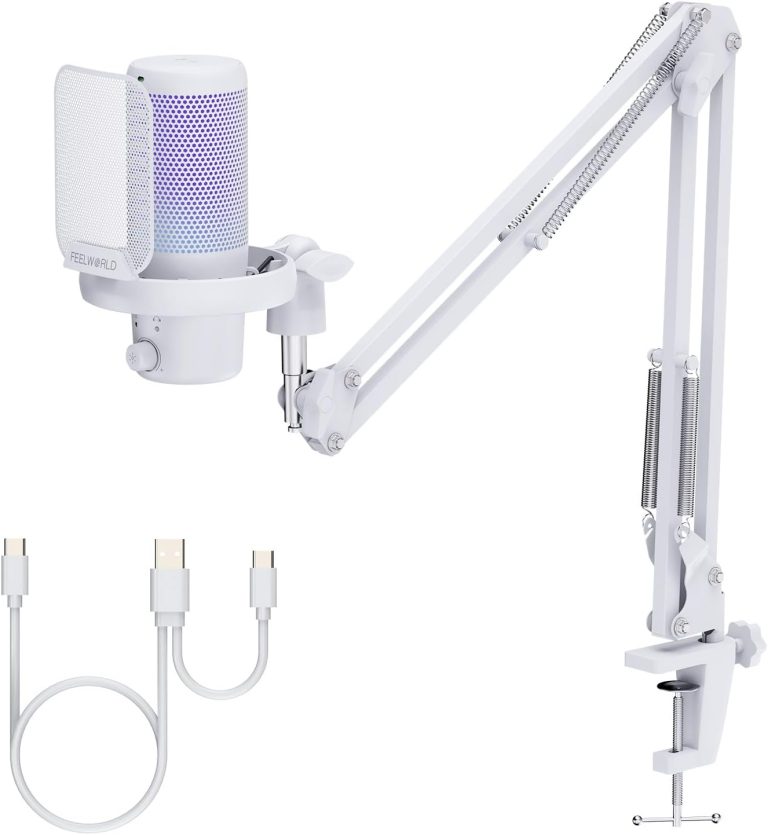 FEELWORLD VM1 White Gaming PC USB Microphone Condenser Mic with Noise Cancellation Mute RGB Light, Computer Accessories for Gamer YouTube Twitch Podcast Streaming Recording Online Chat PS4 PS5