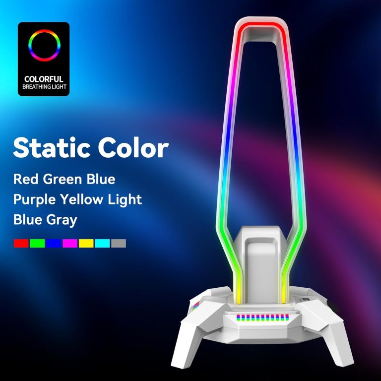 G6 RGB Headphone Stand with 3 USB 3.0, HD Audio, Type-C Port, Gaming Headset Holder for Desk, 8 Light Modes and Non-Slip Base Suitable, PC Gaming Setup Accessories Gamer Gift (White)