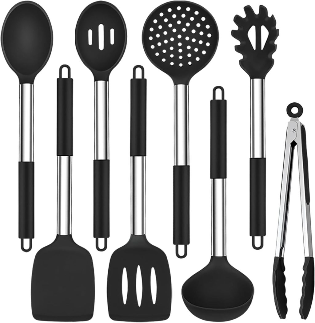 TeamFar Kitchen Utensils Set of 8, Silicone Utensils Kitchen Tools Set with Stainless Steel Handle, for Frying Serving Flipping Draining, Non-toxic & Heatproof, Nonstick & Dishwasher Safe – Black TeamFar Kitchen Utensils Set of 8, Silicone Utensils Kitchen Tools Set with Stainless Steel Handle, for Frying Serving Flipping Draining, Non-toxic & Heatproof, Nonstick & Dishwasher Safe – Black