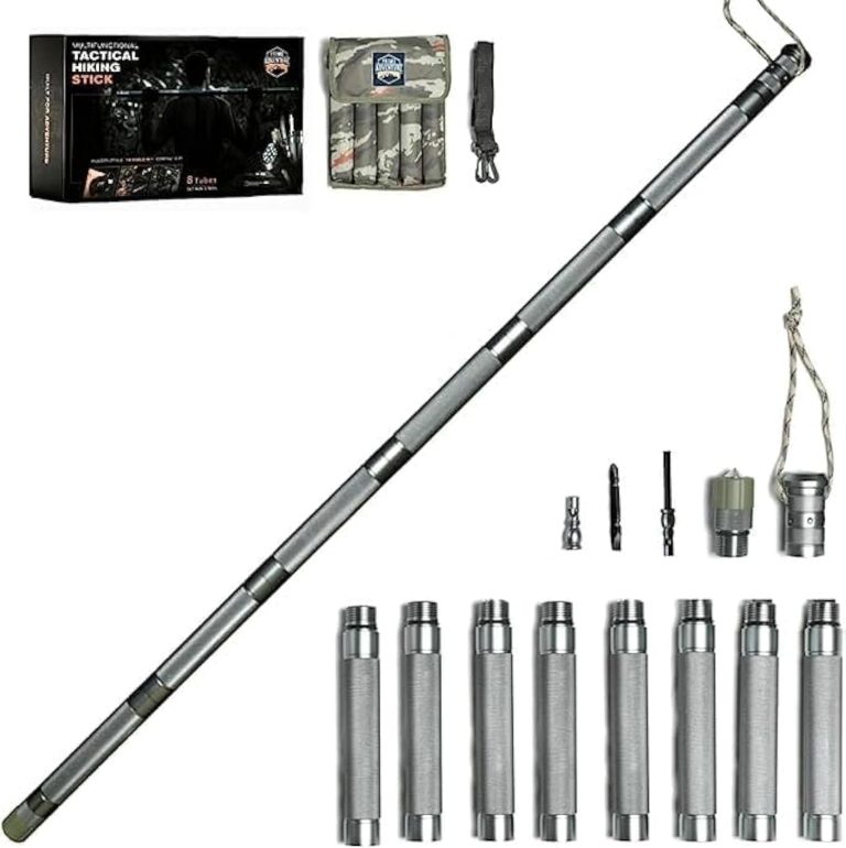 Hiking Tactical Stick Walking Staff – Outdoor Multitool Gear Trekking Pole Collapsible Retractable Premium 15 in 1 | 8 Tubes