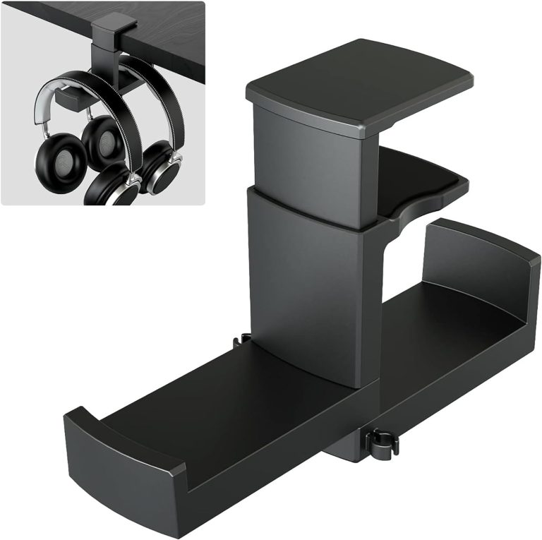 Dual Headphone Stand Holder – EURPMASK 2 in 1 PC Gaming Headset Hooks, 360 Degree Rotating Headphone Hanger with Adjustable Clamp & Cable Clip Organizer, Headset Mount Under Desk Earphone Clamp-Black