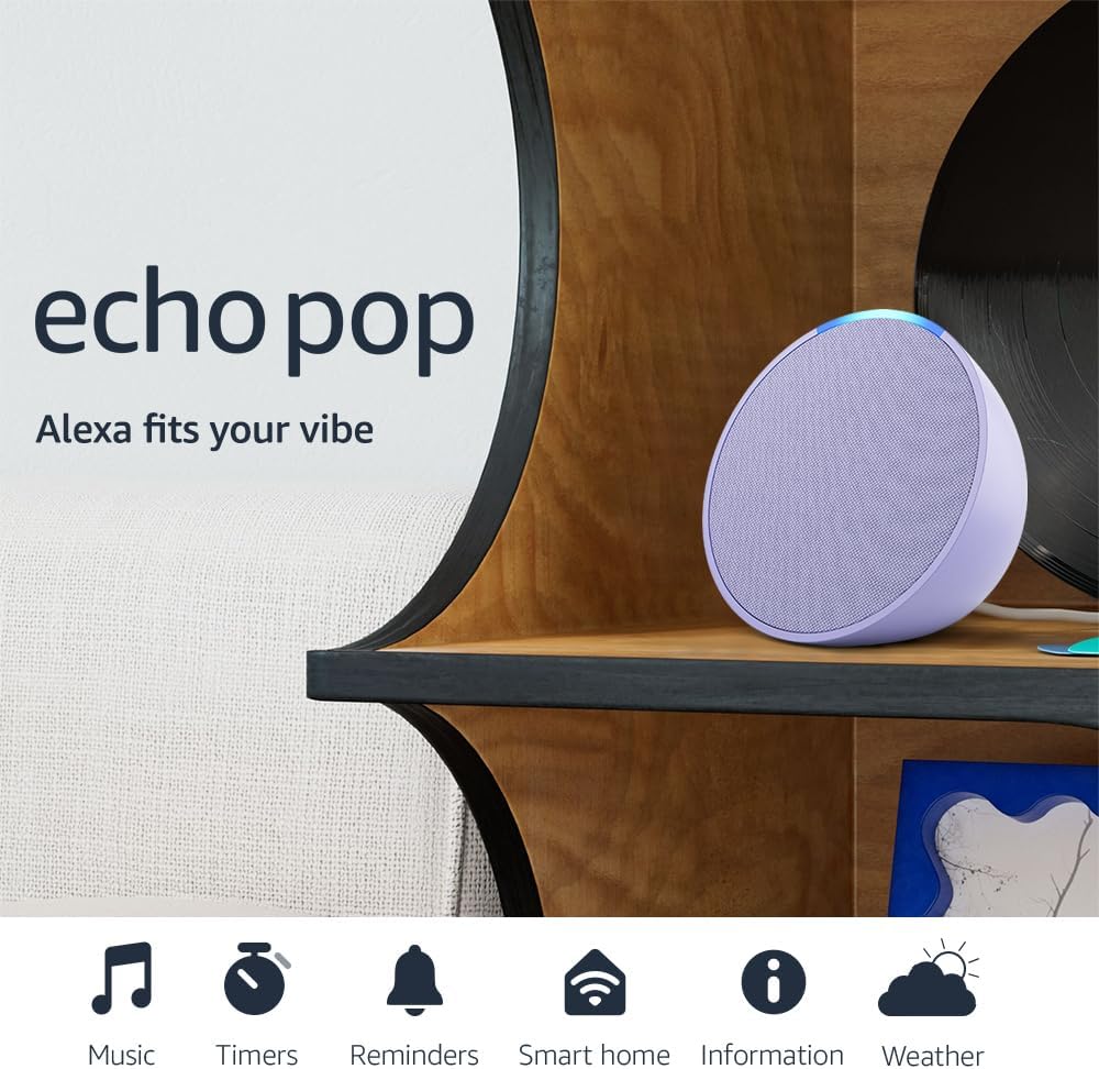 Amazon Echo Pop (newest model), Full sound compact smart speaker with Alexa, Lavender Bloom Amazon Echo Pop (newest model), Full sound compact smart speaker with Alexa, Lavender Bloom