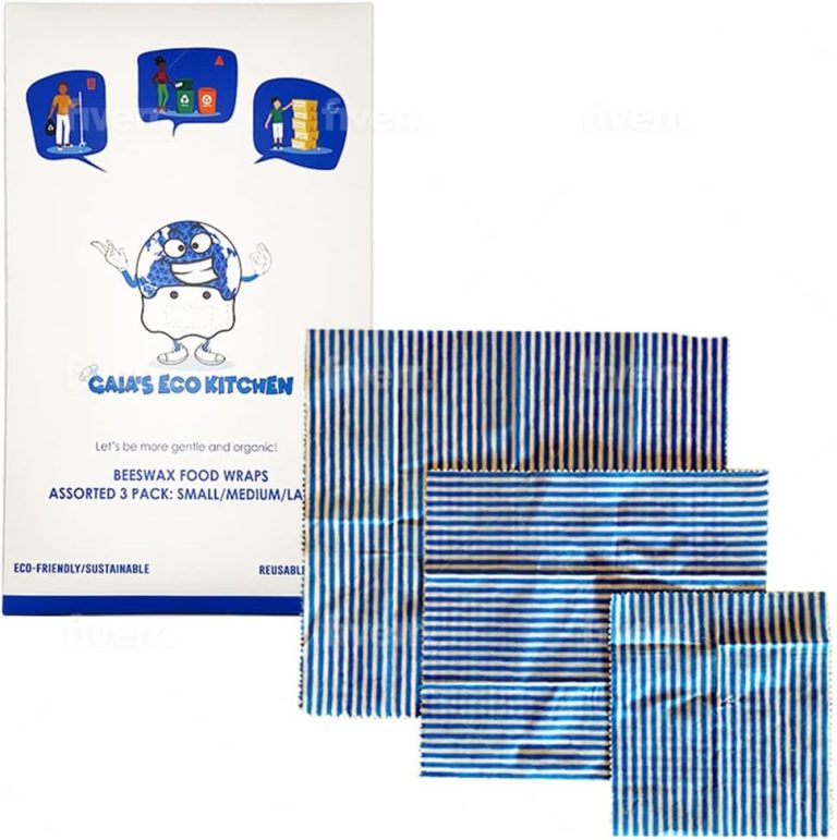 Gaia’s Eco Kitchen Beeswax Wraps | Plastic-Free Reusable Food Wrap | Organic Cotton Food Storage | Zero Waste Wax Paper | Assorted Pack of 3 Sizes (S, M, L), Blue and White