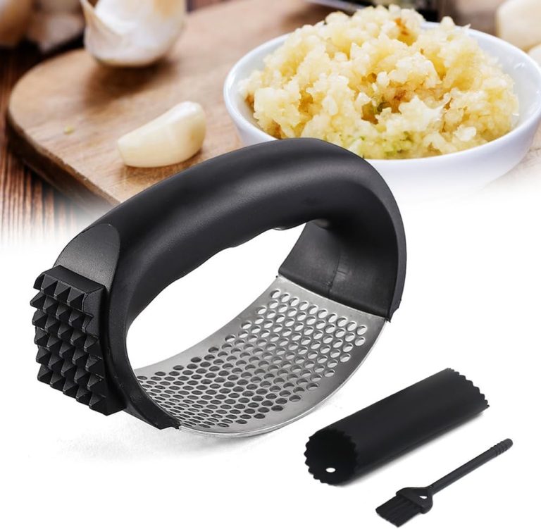 Stainless Steel Garlic Crusher 2025 Upgrade Garlic Press Rocker Set with Garlic Peeler & Clean Brush, Wide Handle Manual Garlic Presser Mincer Masher Chopper Kitchen Gadgets Tool for Smash Garlic (A)