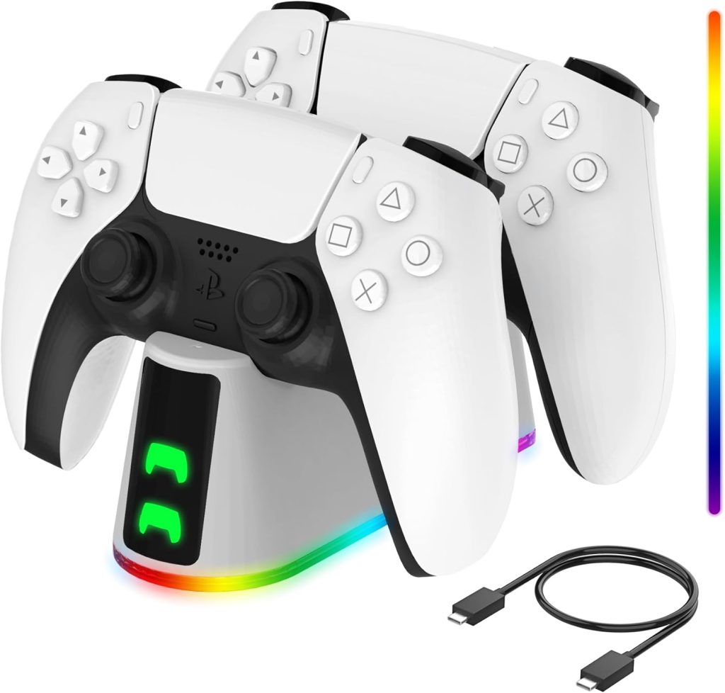 PS5 Slim Controller Charger Station,Fast Charging Ps5 Controller Charger for Edge & Dual Controller,Ps5 Controller accessories with Charging Cable,Ps5 controller Stand Dock with RGB LED Indicators