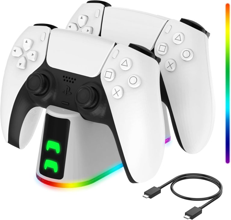 PS5 Slim Controller Charger Station,Fast Charging Ps5 Controller Charger for Edge & Dual Controller,Ps5 Controller accessories with Charging Cable,Ps5 controller Stand Dock with RGB LED Indicators