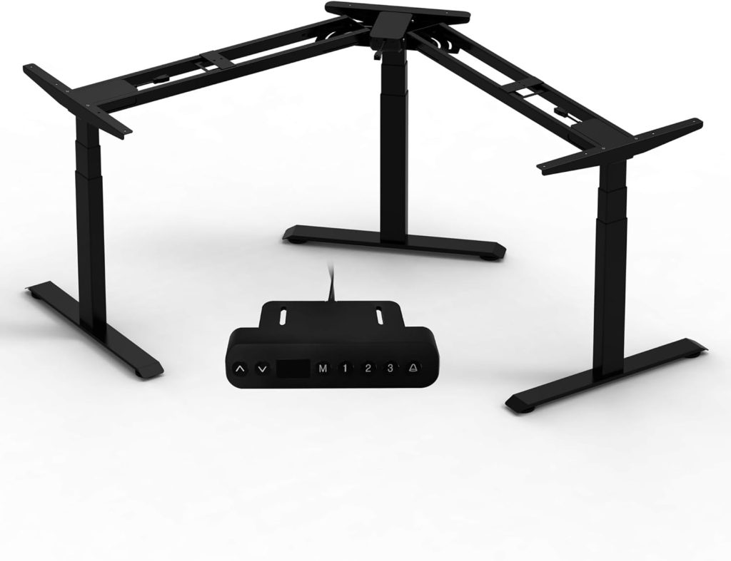 Fromann Electric Triple Motor 3 Tier 3 Leg L Shaped Desk Base Height and Width Adjustable Standing Corner Desk Frame for Home Office (Black) Fromann Electric Triple Motor 3 Tier 3 Leg L Shaped Desk Base Height and Width Adjustable Standing Corner Desk Frame for Home Office (Black)