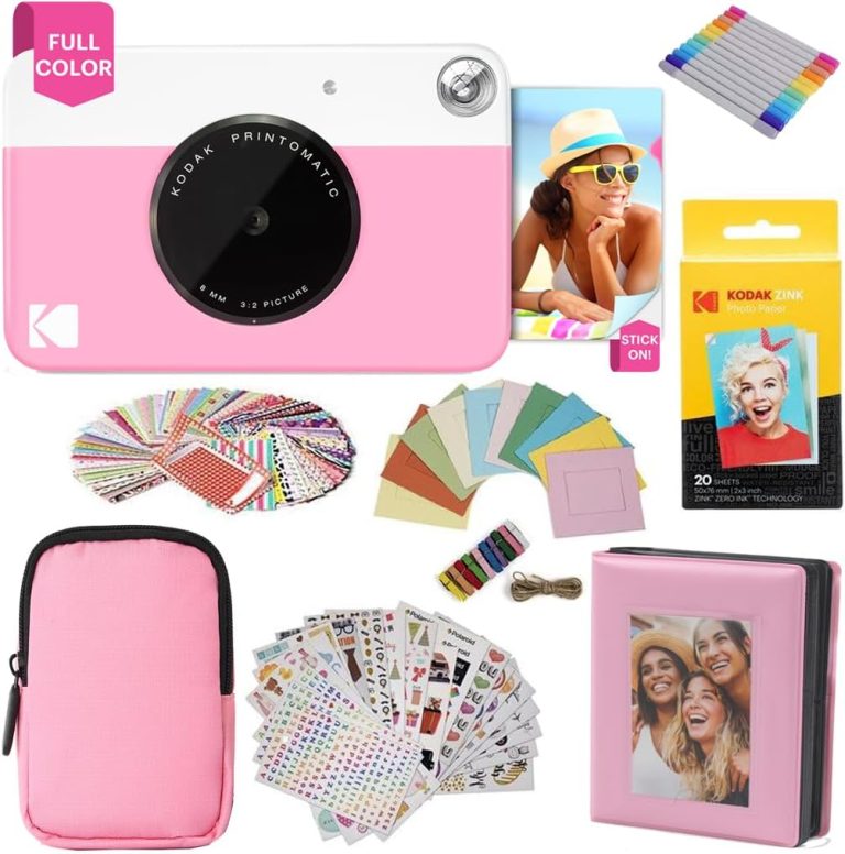 KODAK Printomatic Full-Color Instant Print Camera Gift Bundle + Soft Case + Zink 2×3 Sticky Back Photo Paper 20pk + Album + Sticker Sets + Sticker Frames + Hanging Frames + Markers, Fun Gift – Pink