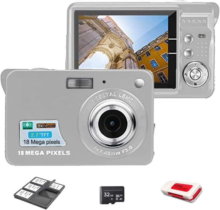 Acuvar 18MP Megapixel Digital Camera Kit with 2.7″ LCD Screen, Rechargeable Battery, 32GB SD Card, Card Holder, Card Reader, HD Photo & Video for Indoor, Outdoor Photography for Adults, Kids (Silver)