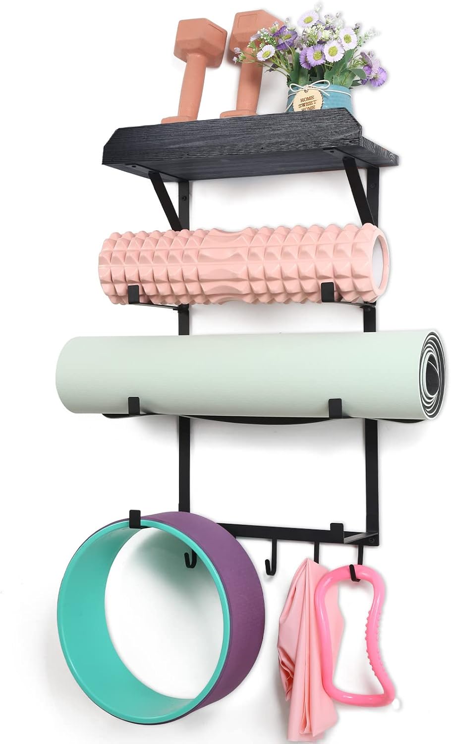 Yoga Mat Holder, Wall Mount Yoga Mat Rack Home Gym Accessories, Storage for Foam Roller, with Wood Floating Shelves and 5 Hooks for Hanging Yoga Strap and Resistance Bands Yoga Mat Holder, Wall Mount Yoga Mat Rack Home Gym Accessories, Storage for Foam Roller, with Wood Floating Shelves and 5 Hooks for Hanging Yoga Strap and Resistance Bands