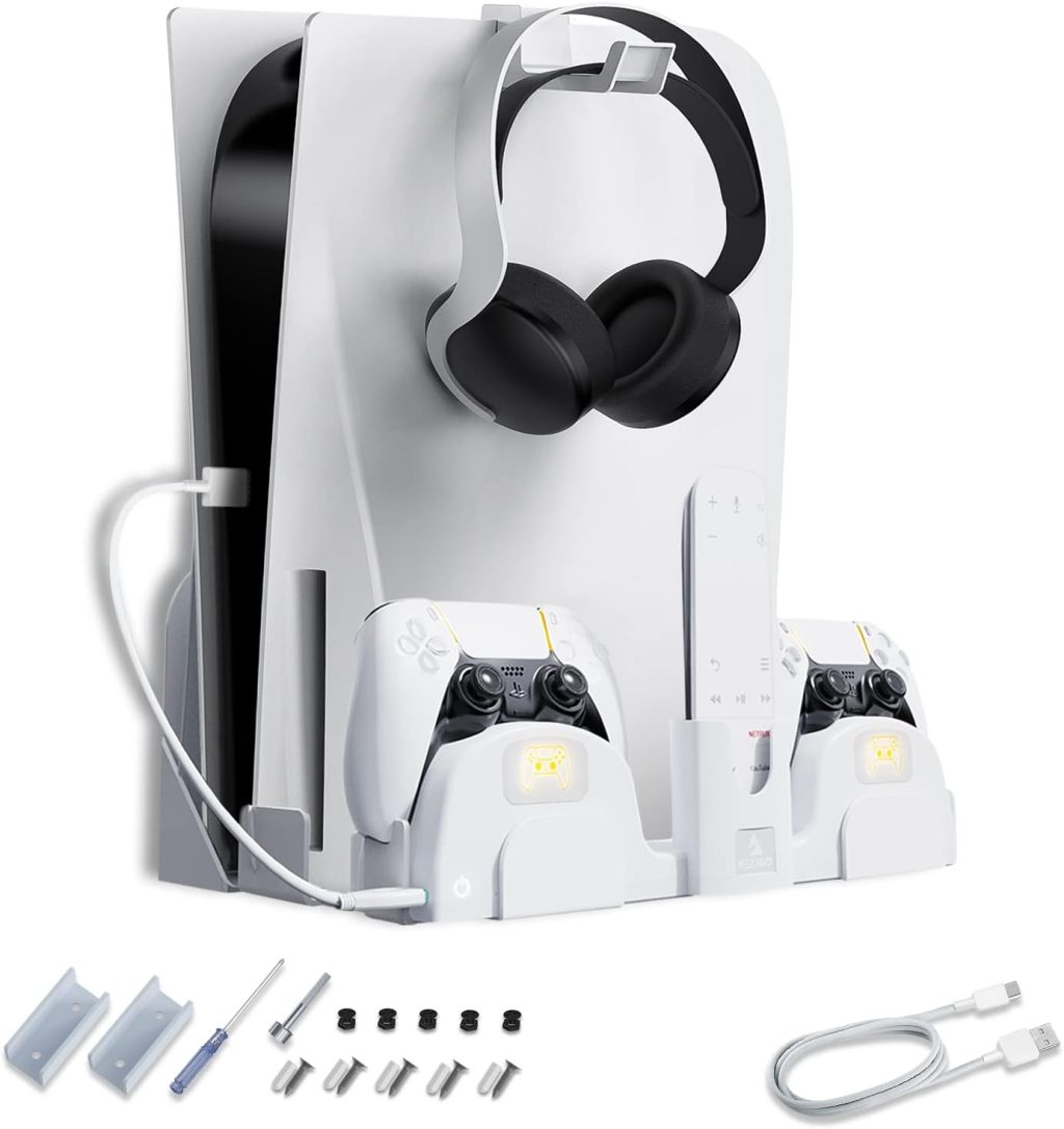 NexiGo PS5 Accessories Wall Mount with DualSense Charging Station, Stable Metal Wall Hanging Stand with LED Charging Indicator for PlayStation 5 Console (Disc & Digital), White NexiGo PS5 Accessories Wall Mount with DualSense Charging Station, Stable Metal Wall Hanging Stand with LED Charging Indicator for PlayStation 5 Console (Disc & Digital), White