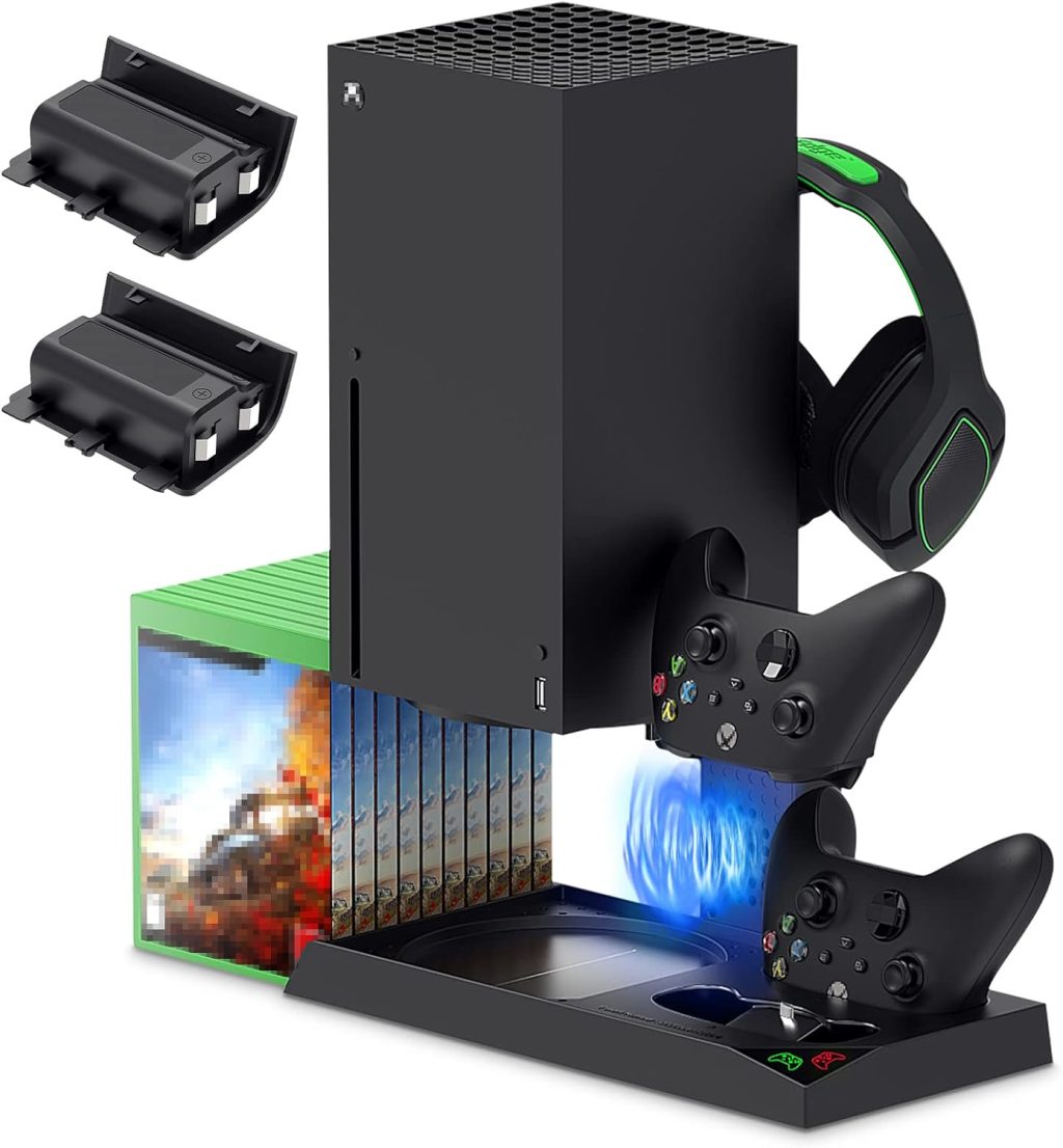 Vertical Cooling Stand Compatible with Xbox Series X with Cooling Fan, Cooling Station Dock with 10 Game Storage Organizer, Controller & Headphone Holder, 2X1400 mAh Rechargeable Battery Packs Vertical Cooling Stand Compatible with Xbox Series X with Cooling Fan, Cooling Station Dock with 10 Game Storage Organizer, Controller & Headphone Holder, 2X1400 mAh Rechargeable Battery Packs