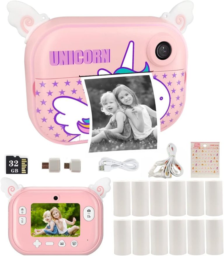Instant Print Camera for Kids with 12 Rolls Refill Paper, Digital Camera for Girls Christmas Birthday Gifts, Pink Instant Camera for Toddler Children, Photo Toy Camera, 32G SD Card