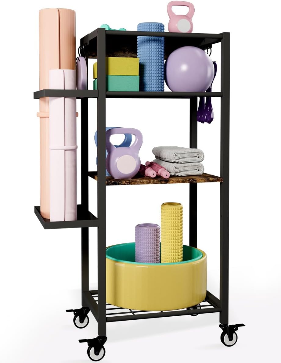 Yoga Mat Storage Rack with Wheels, 3 Tier Home Gym Workout Equipment Organizer for Dumbbells, Kettlebells, Foam Rollers Yoga Mat Storage Rack with Wheels, 3 Tier Home Gym Workout Equipment Organizer for Dumbbells, Kettlebells, Foam Rollers