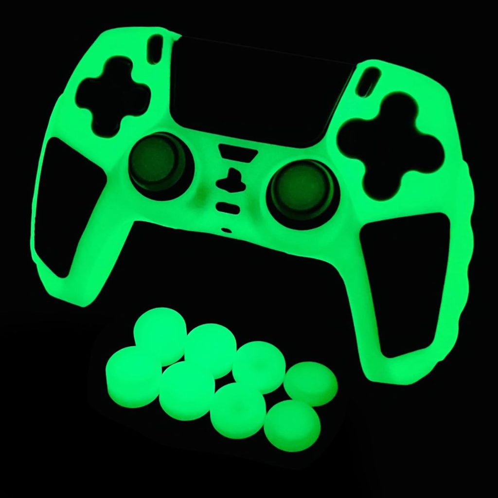 Glow in The Dark PS5 Controller Skin,Green Anti Slip Soft Thicked Studded Silicone Cover Skins Compatible with PS5 Controller,Include 8 PCS Green Thumb Grips Glow and 2 Glow Grips Accessories. Glow in The Dark PS5 Controller Skin,Green Anti Slip Soft Thicked Studded Silicone Cover Skins Compatible with PS5 Controller,Include 8 PCS Green Thumb Grips Glow and 2 Glow Grips Accessories.