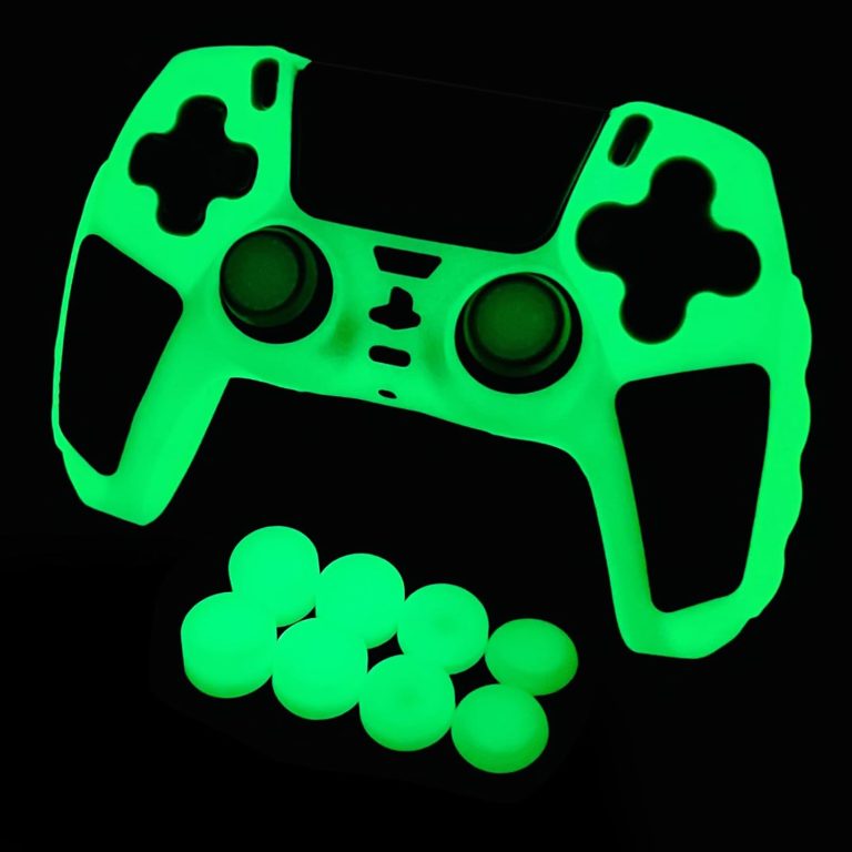 Glow in The Dark PS5 Controller Skin,Green Anti Slip Soft Thicked Studded Silicone Cover Skins Compatible with PS5 Controller,Include 8 PCS Green Thumb Grips Glow and 2 Glow Grips Accessories.