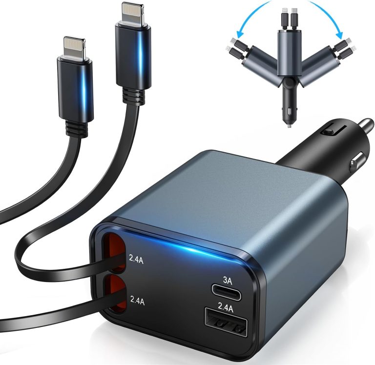 Retractable Car Charger 4-in-1, Fast Car Phone Charging with Dual 2.6ft for iPhone Lightning Cables Cords, Dual USB Ports, Car Truck Organization Adapter Accessories for Men, Women,Android-Sliver