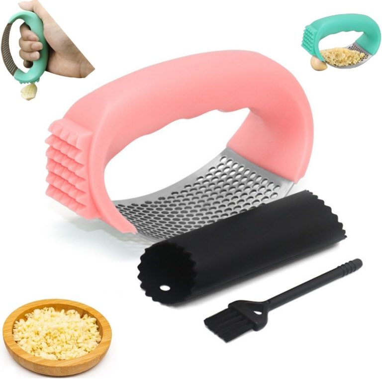 Stainless Steel Garlic Presser With Garlic Peeler Tube and Cleaning Brush, 2024 Upgrades Best Garlic Press, Garlic Mincer Tool, kitchen Gadgets (Pink)